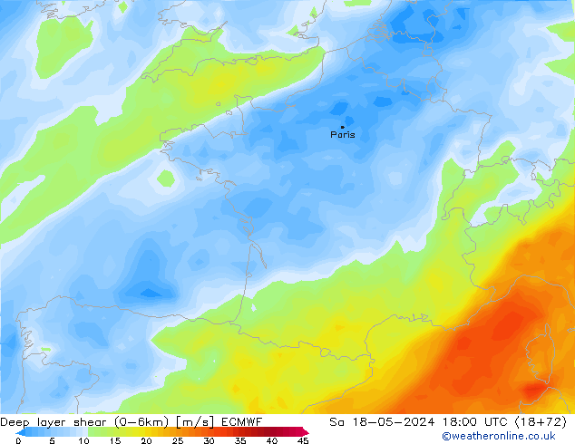 Deep layer shear (0-6km) ECMWF za 18.05.2024 18 UTC