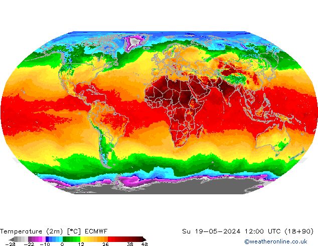 карта температуры ECMWF Вс 19.05.2024 12 UTC