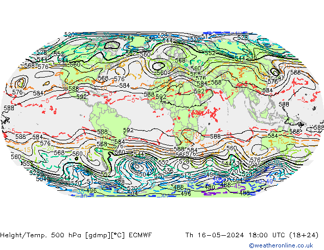 Height/Temp. 500 hPa ECMWF Do 16.05.2024 18 UTC