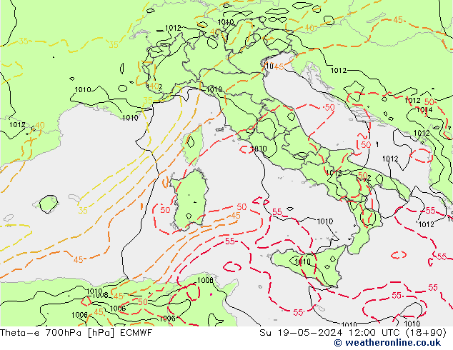 Theta-e 700hPa ECMWF dim 19.05.2024 12 UTC