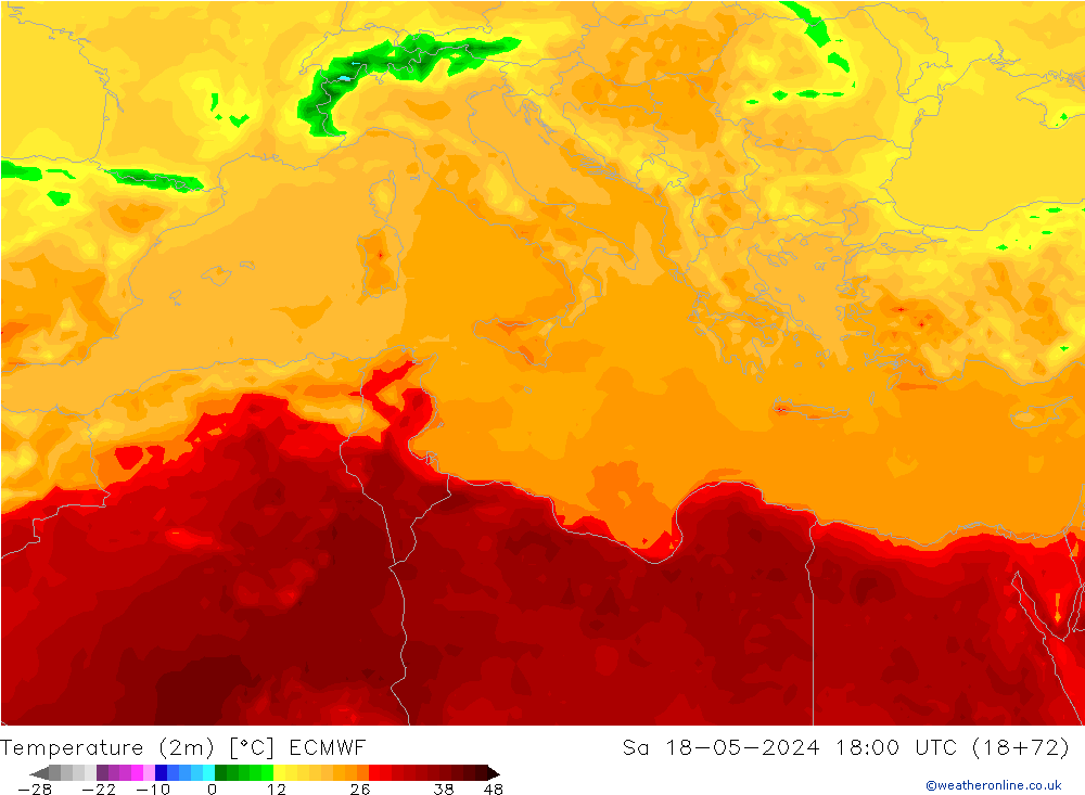 Temperature (2m) ECMWF Sa 18.05.2024 18 UTC