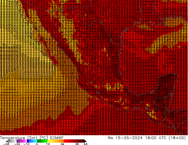 Temperatura (2m) ECMWF mié 15.05.2024 18 UTC