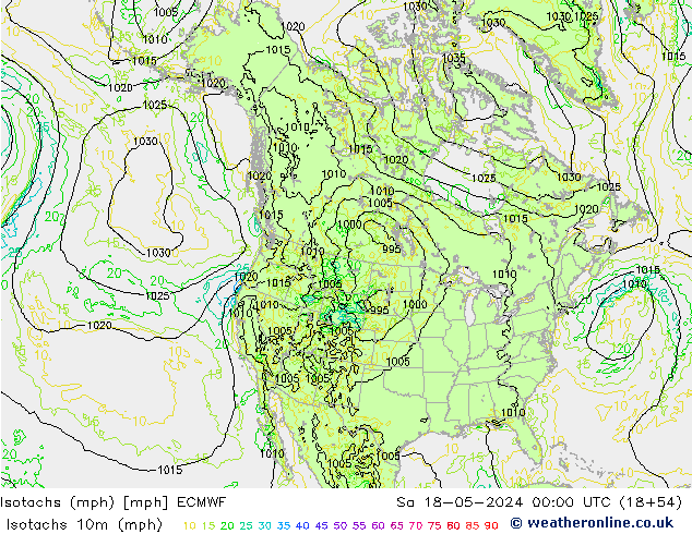 Isotachen (mph) ECMWF Sa 18.05.2024 00 UTC