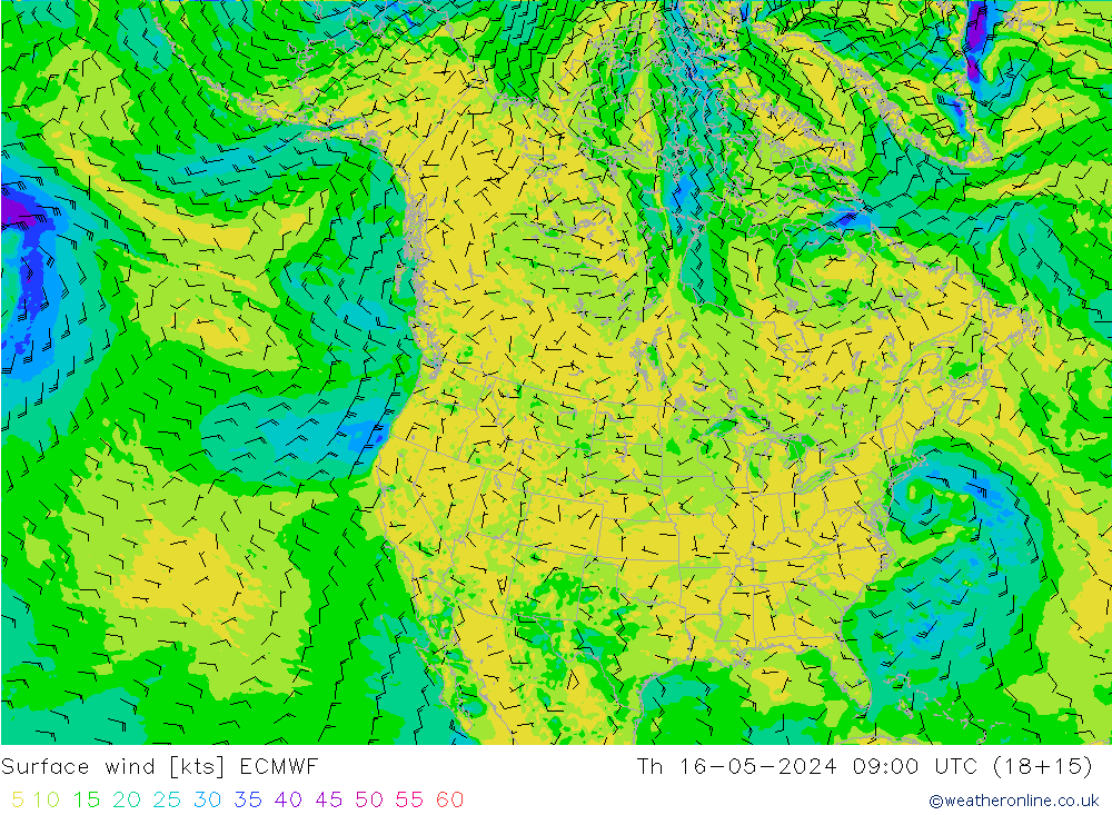 Surface wind ECMWF Čt 16.05.2024 09 UTC