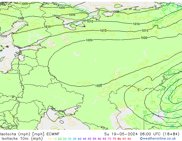 Isotachs (mph) ECMWF Вс 19.05.2024 06 UTC