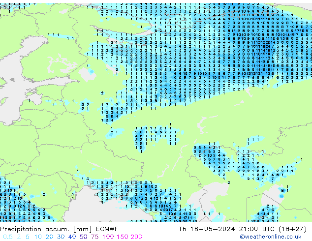 Precipitation accum. ECMWF Th 16.05.2024 21 UTC
