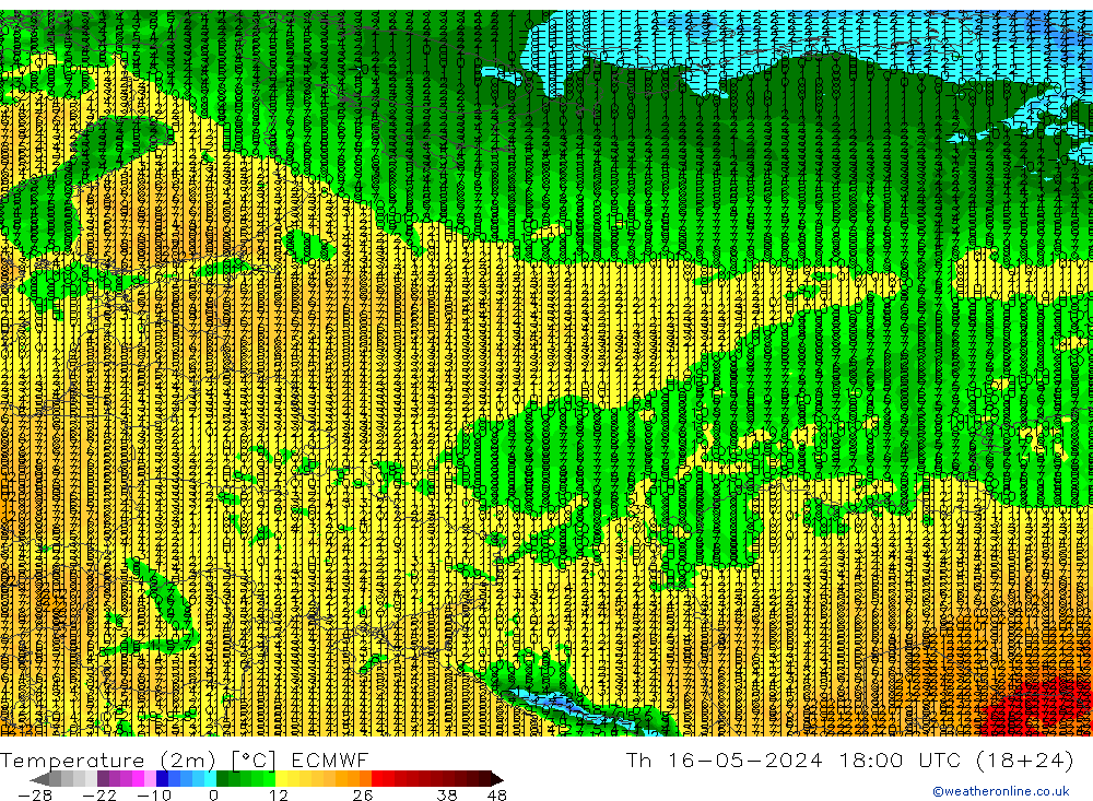 Temperaturkarte (2m) ECMWF Do 16.05.2024 18 UTC