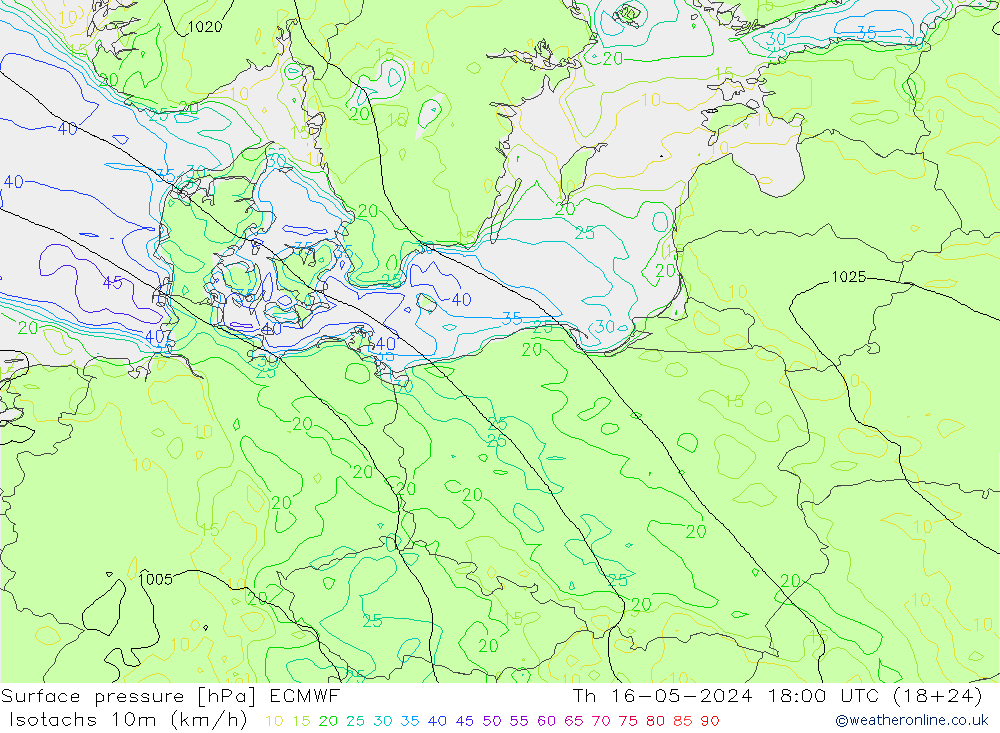 Isotachs (kph) ECMWF Čt 16.05.2024 18 UTC