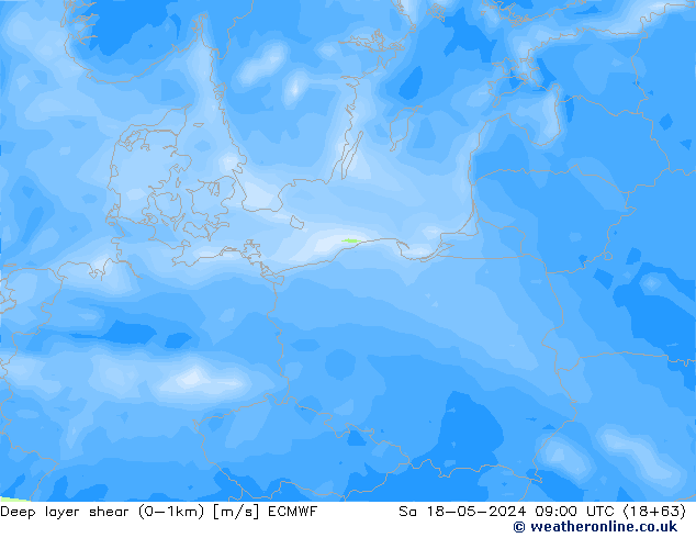 Deep layer shear (0-1km) ECMWF Sa 18.05.2024 09 UTC