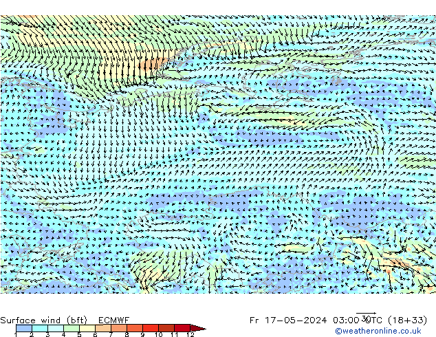 Vento 10 m (bft) ECMWF ven 17.05.2024 03 UTC