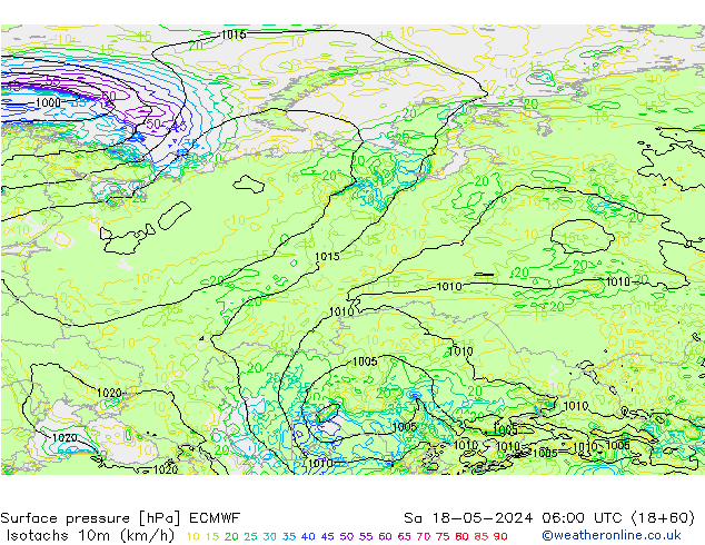 Izotacha (km/godz) ECMWF so. 18.05.2024 06 UTC