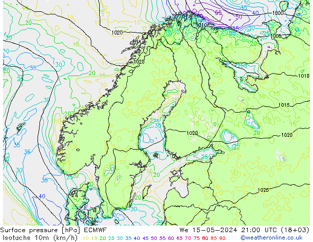 10米等风速线 (kph) ECMWF 星期三 15.05.2024 21 UTC