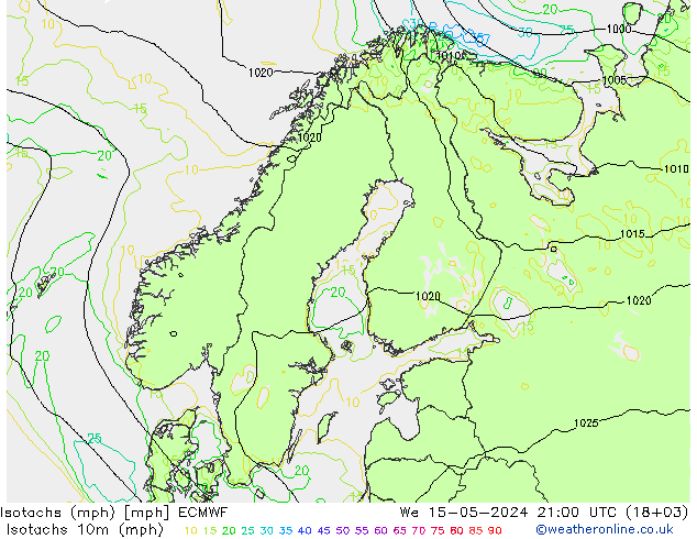 Isotachs (mph) ECMWF 星期三 15.05.2024 21 UTC