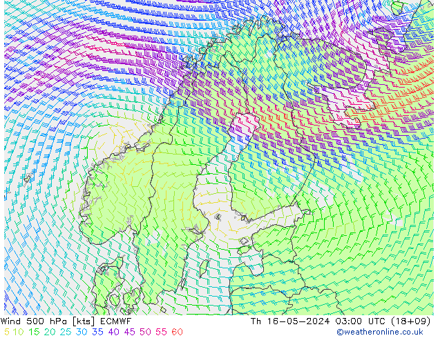 Vento 500 hPa ECMWF Qui 16.05.2024 03 UTC