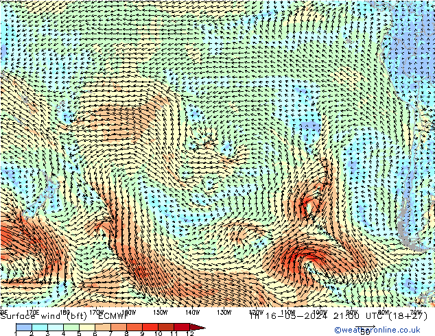 Wind 10 m (bft) ECMWF do 16.05.2024 21 UTC