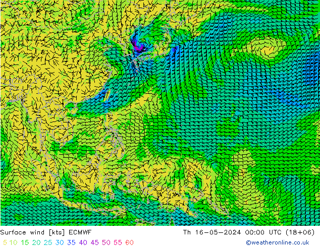 Wind 10 m ECMWF do 16.05.2024 00 UTC