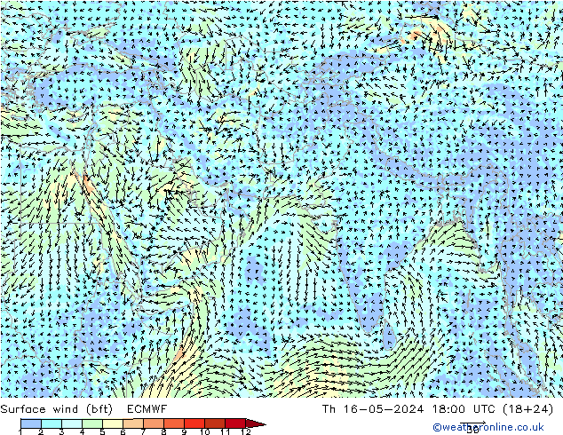 Vento 10 m (bft) ECMWF Qui 16.05.2024 18 UTC