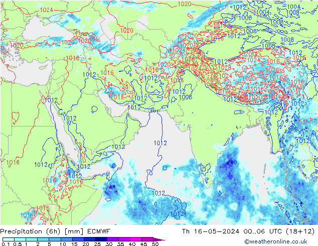 Totale neerslag (6h) ECMWF do 16.05.2024 06 UTC
