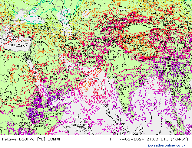 Theta-e 850hPa ECMWF Cu 17.05.2024 21 UTC