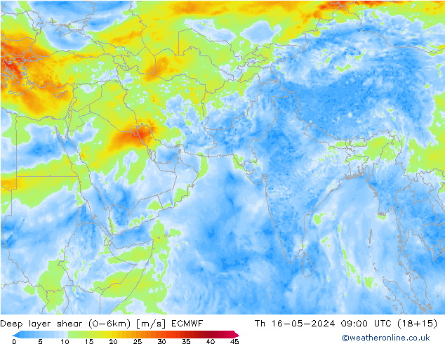 Deep layer shear (0-6km) ECMWF Th 16.05.2024 09 UTC