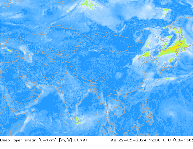 Deep layer shear (0-1km) ECMWF Çar 22.05.2024 12 UTC