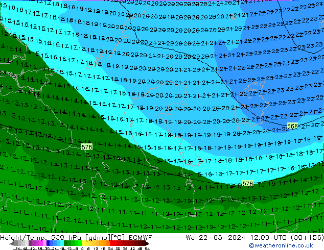 Z500/Rain (+SLP)/Z850 ECMWF St 22.05.2024 12 UTC