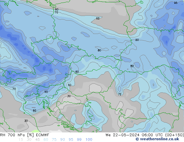 Humedad rel. 700hPa ECMWF mié 22.05.2024 06 UTC