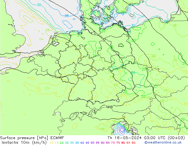 10米等风速线 (kph) ECMWF 星期四 16.05.2024 03 UTC