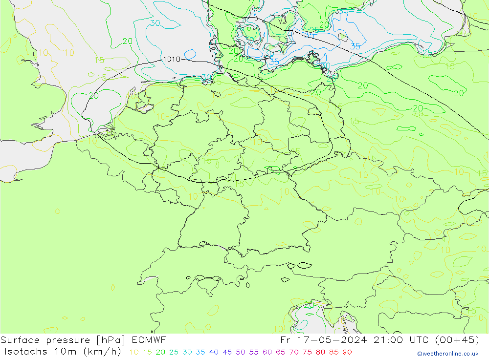 Isotachs (kph) ECMWF Fr 17.05.2024 21 UTC