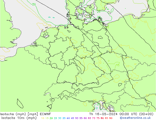 Isotachs (mph) ECMWF 星期四 16.05.2024 00 UTC