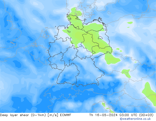 Deep layer shear (0-1km) ECMWF 星期四 16.05.2024 03 UTC