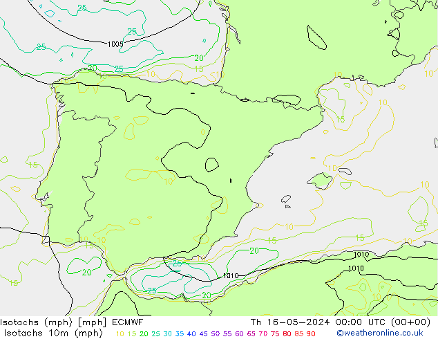 Isotachs (mph) ECMWF чт 16.05.2024 00 UTC