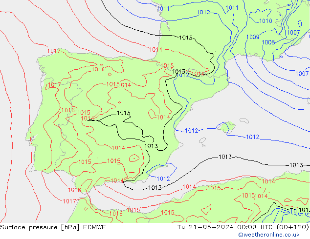 Surface pressure ECMWF Tu 21.05.2024 00 UTC