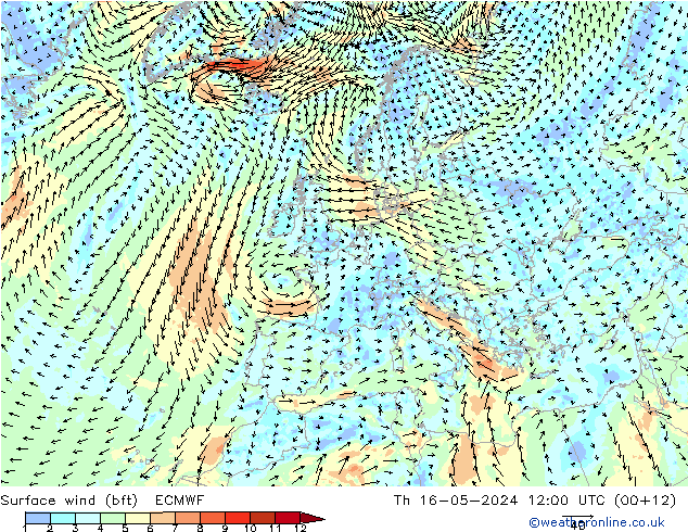 Bodenwind (bft) ECMWF Do 16.05.2024 12 UTC
