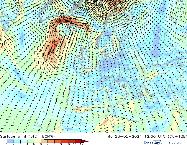 Rüzgar 10 m (bft) ECMWF Pzt 20.05.2024 12 UTC