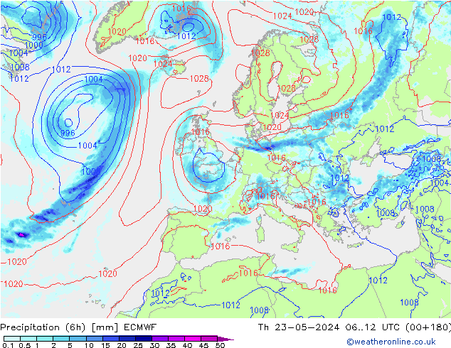 Z500/Rain (+SLP)/Z850 ECMWF Do 23.05.2024 12 UTC