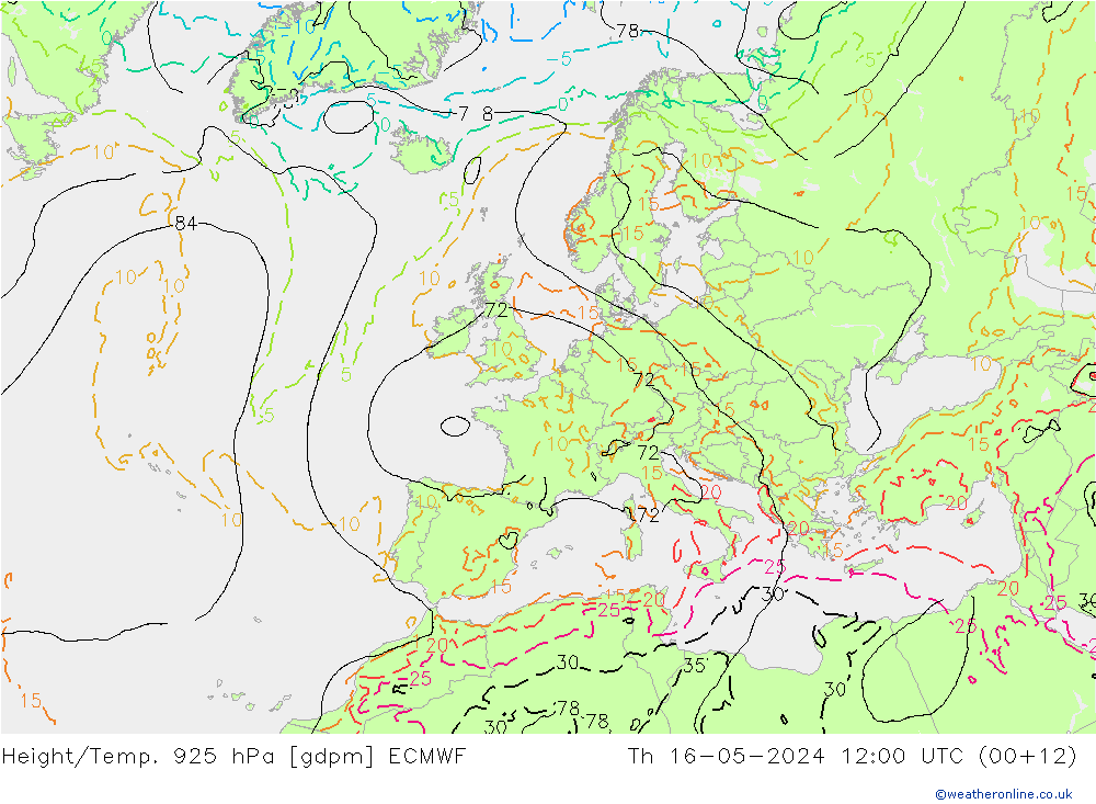 Height/Temp. 925 hPa ECMWF gio 16.05.2024 12 UTC