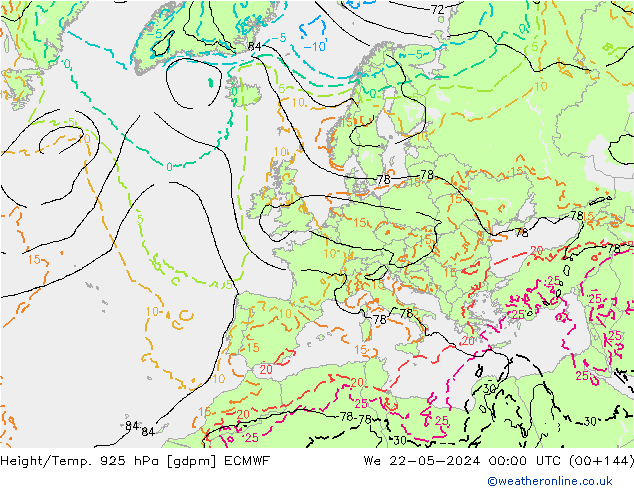 Hoogte/Temp. 925 hPa ECMWF wo 22.05.2024 00 UTC