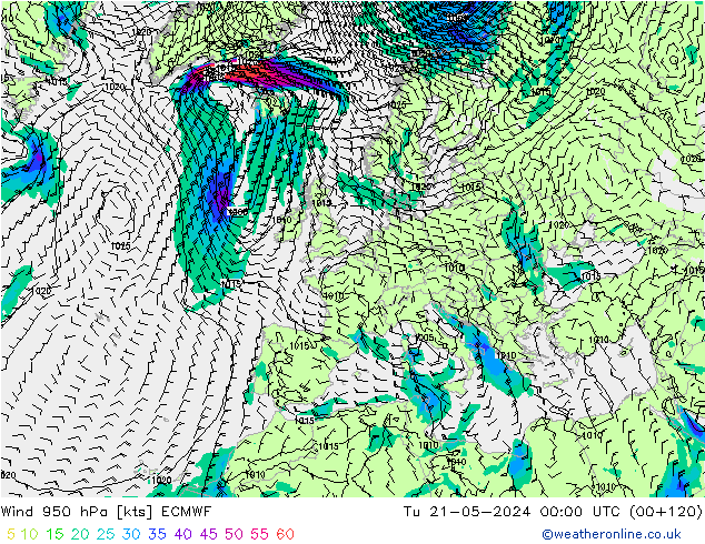 Wind 950 hPa ECMWF Di 21.05.2024 00 UTC