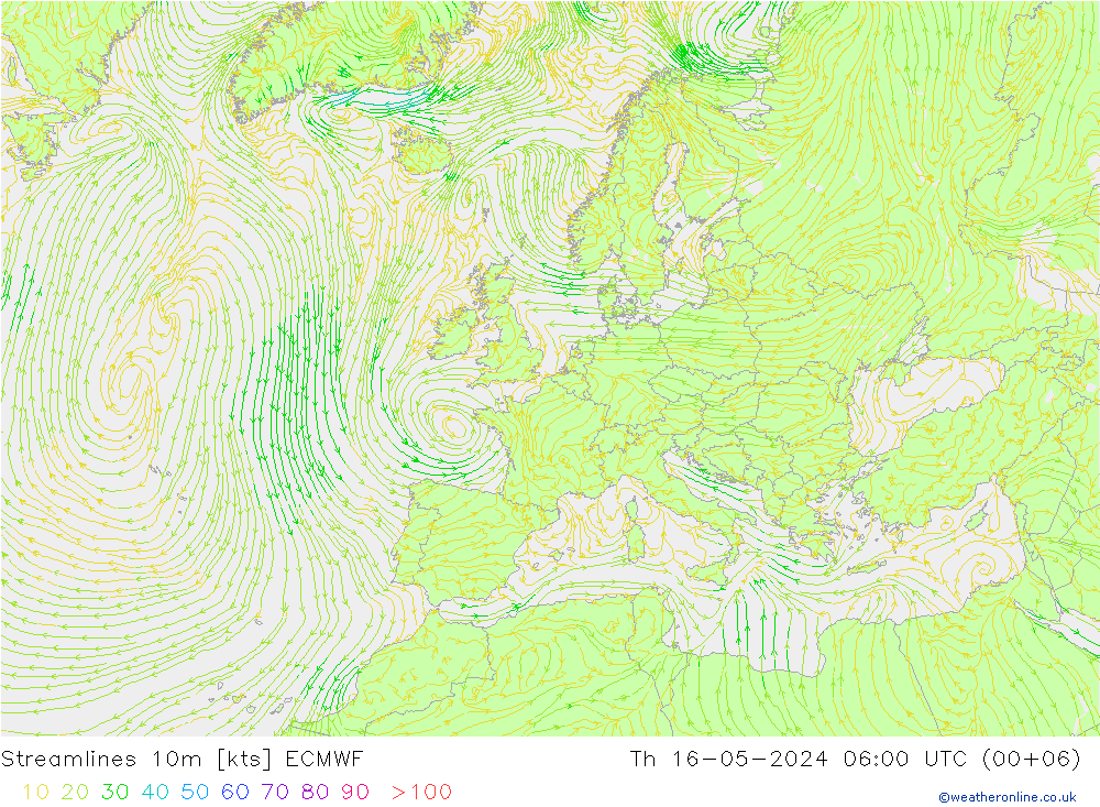 Línea de corriente 10m ECMWF jue 16.05.2024 06 UTC