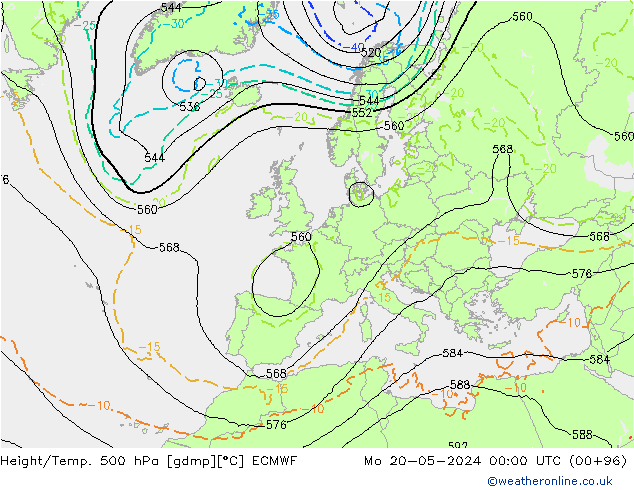 Z500/Rain (+SLP)/Z850 ECMWF Po 20.05.2024 00 UTC