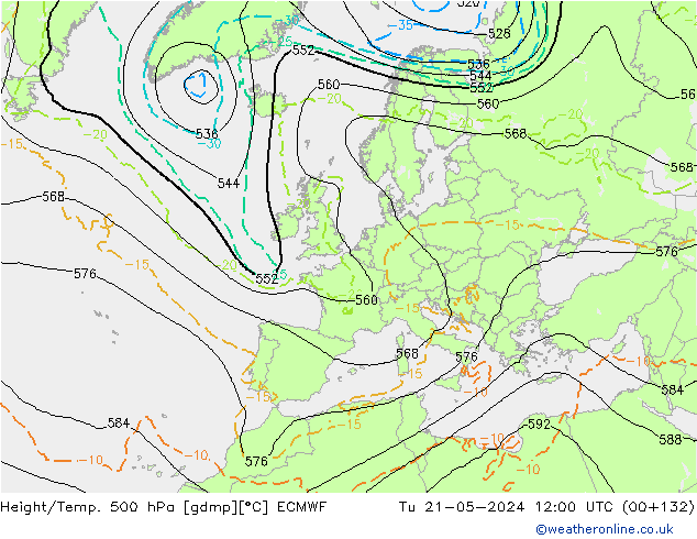 Z500/Rain (+SLP)/Z850 ECMWF wto. 21.05.2024 12 UTC