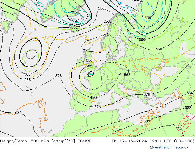Z500/Rain (+SLP)/Z850 ECMWF Do 23.05.2024 12 UTC