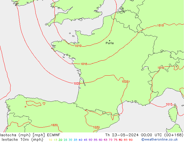 Isotachs (mph) ECMWF Čt 23.05.2024 00 UTC