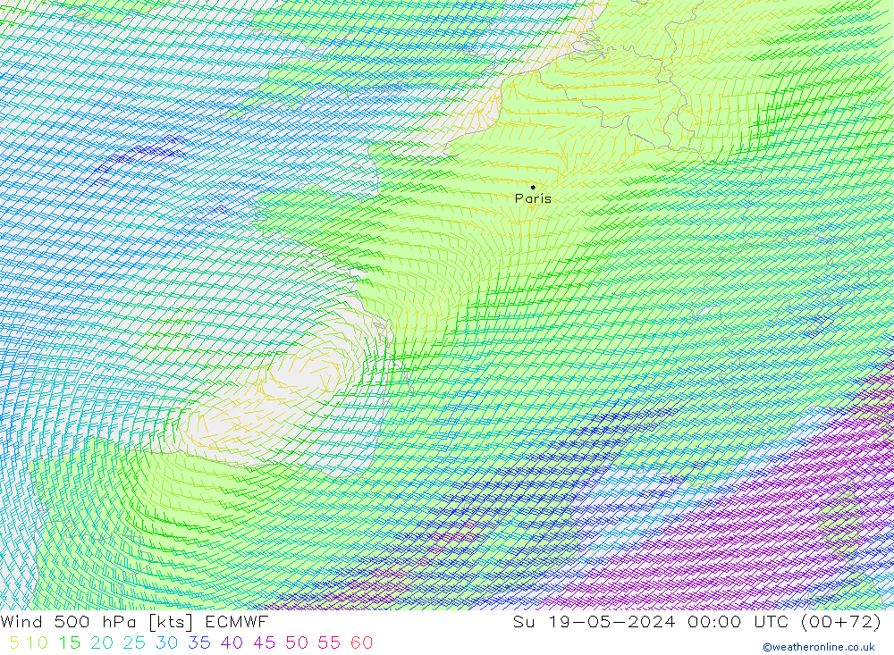 Vento 500 hPa ECMWF Dom 19.05.2024 00 UTC