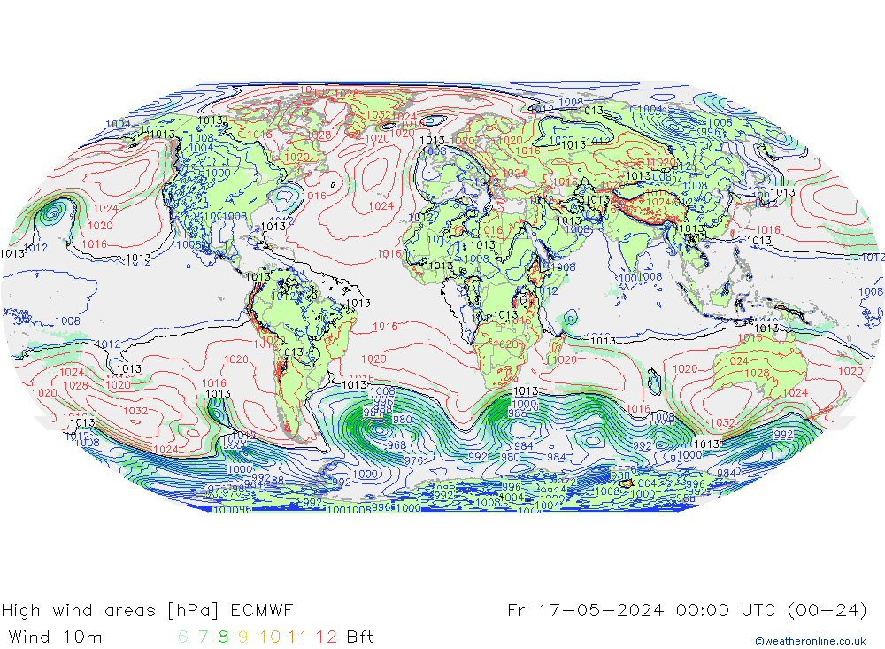 High wind areas ECMWF Pá 17.05.2024 00 UTC