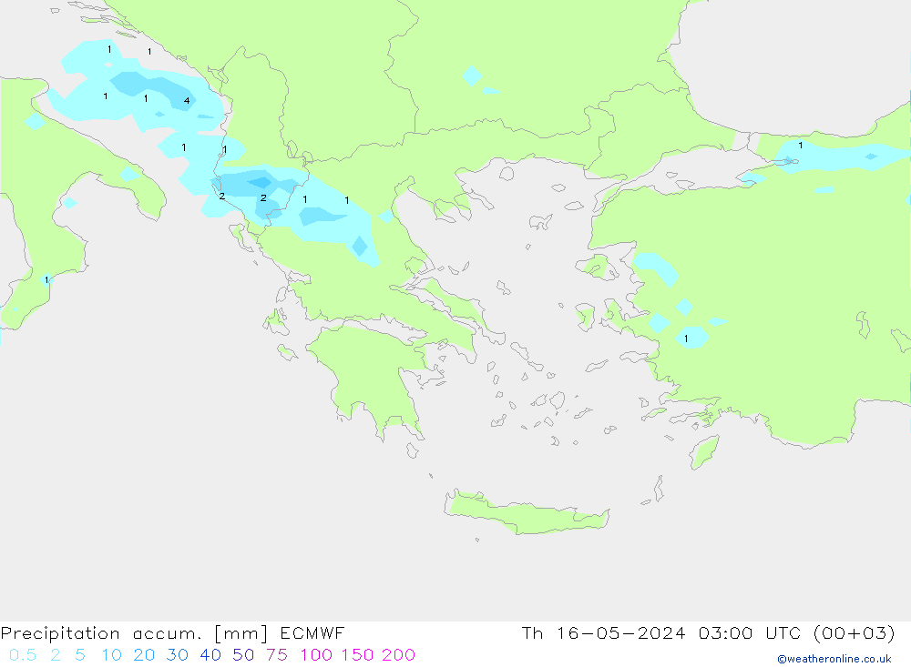 Precipitation accum. ECMWF czw. 16.05.2024 03 UTC