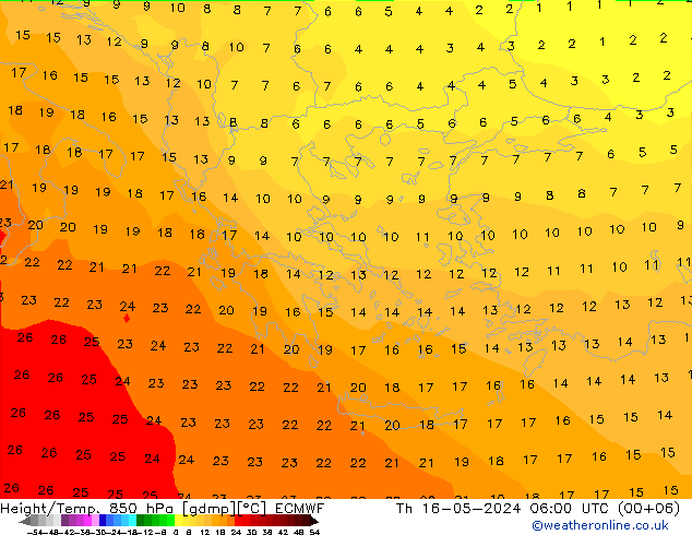 Height/Temp. 850 hPa ECMWF Qui 16.05.2024 06 UTC