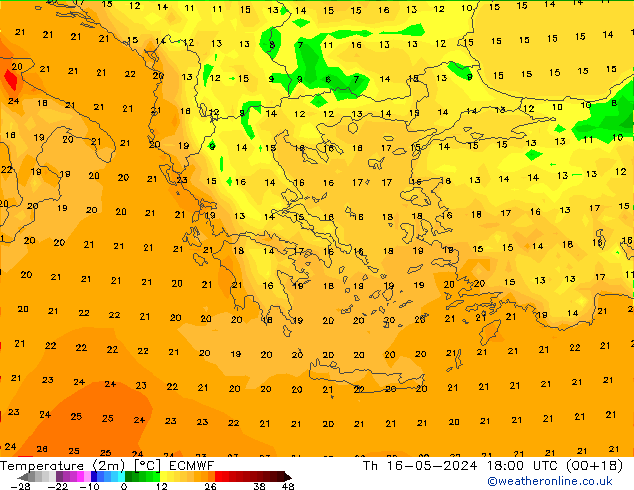 température (2m) ECMWF jeu 16.05.2024 18 UTC