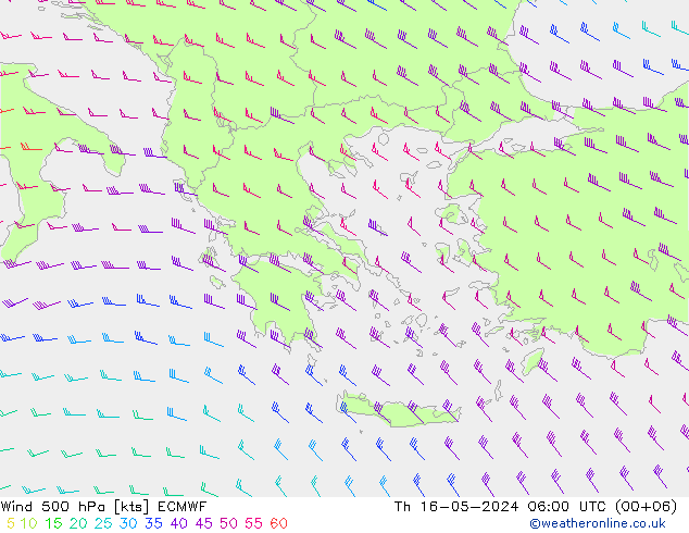 wiatr 500 hPa ECMWF czw. 16.05.2024 06 UTC